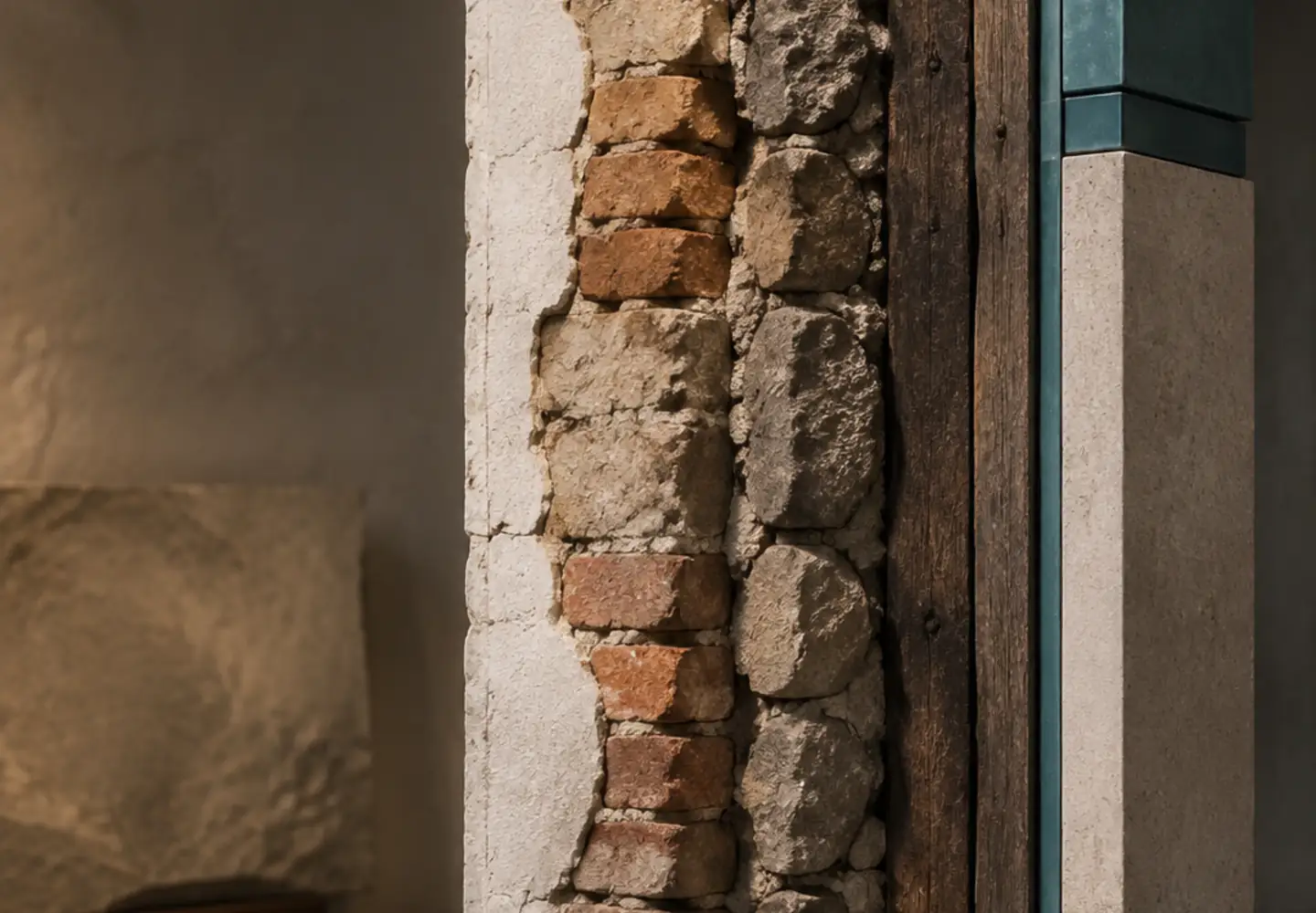 Sección vertical que reúne cal, ladrillo, piedra, madera antigua y un perfil contemporáneo verde azulado